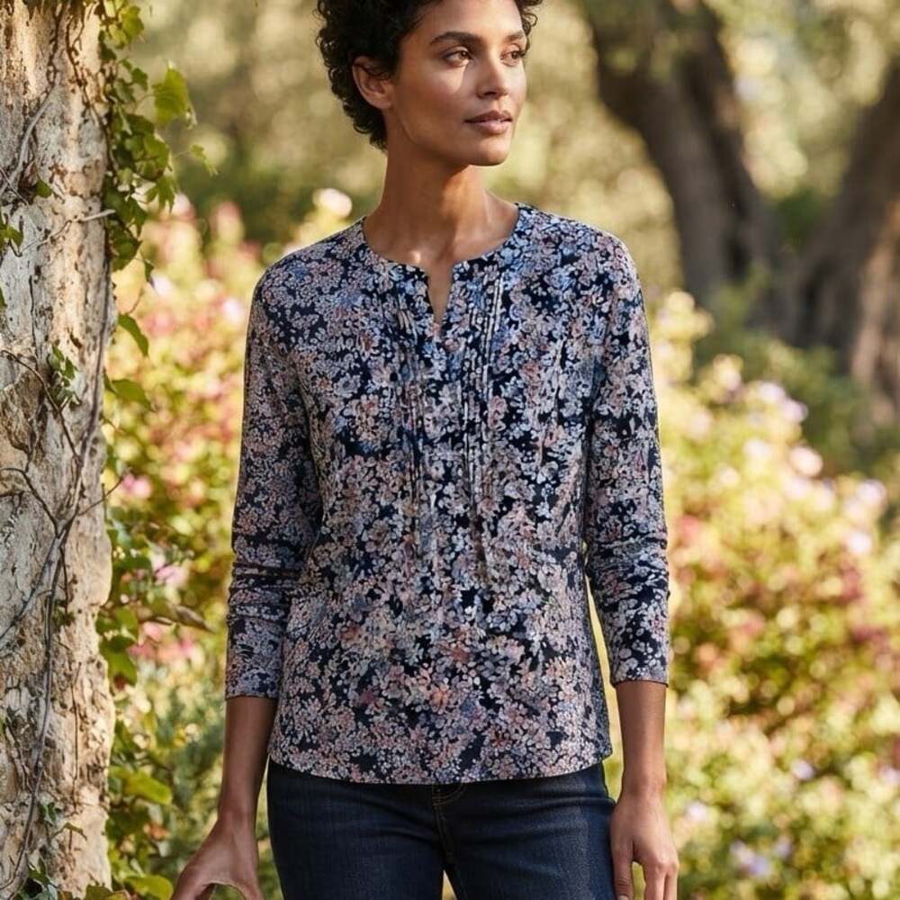 J Jill Sz XL Tall Pintuck Purple Blue Floral Long Sleeve Tunic Top Garden